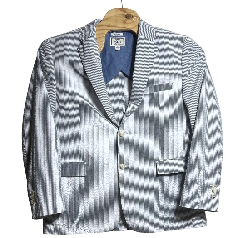 Jos. A. Bank 1905 Mens XL Seersucker Blazer Blue White Striped Tailored Fit Coat